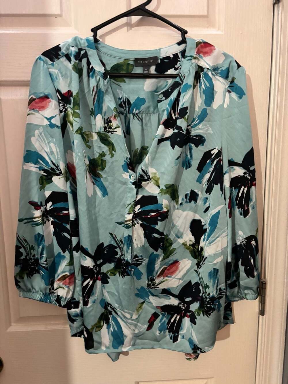 The Limited Floral Blouse Size XL Blue Long Sleeve V-Neck XL